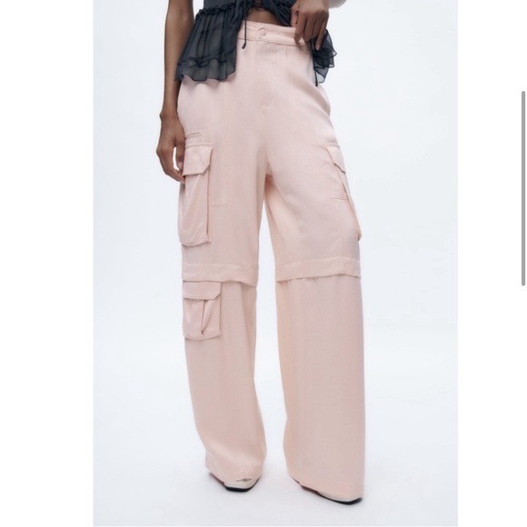 Zara Pants & Jumpsuits Zara Nwt Satin Effect Cargo Pants Pink